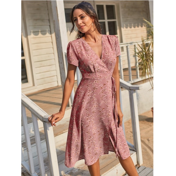 Dusty Pink Floral Wrap Midi Dress - Picture 4 of 8